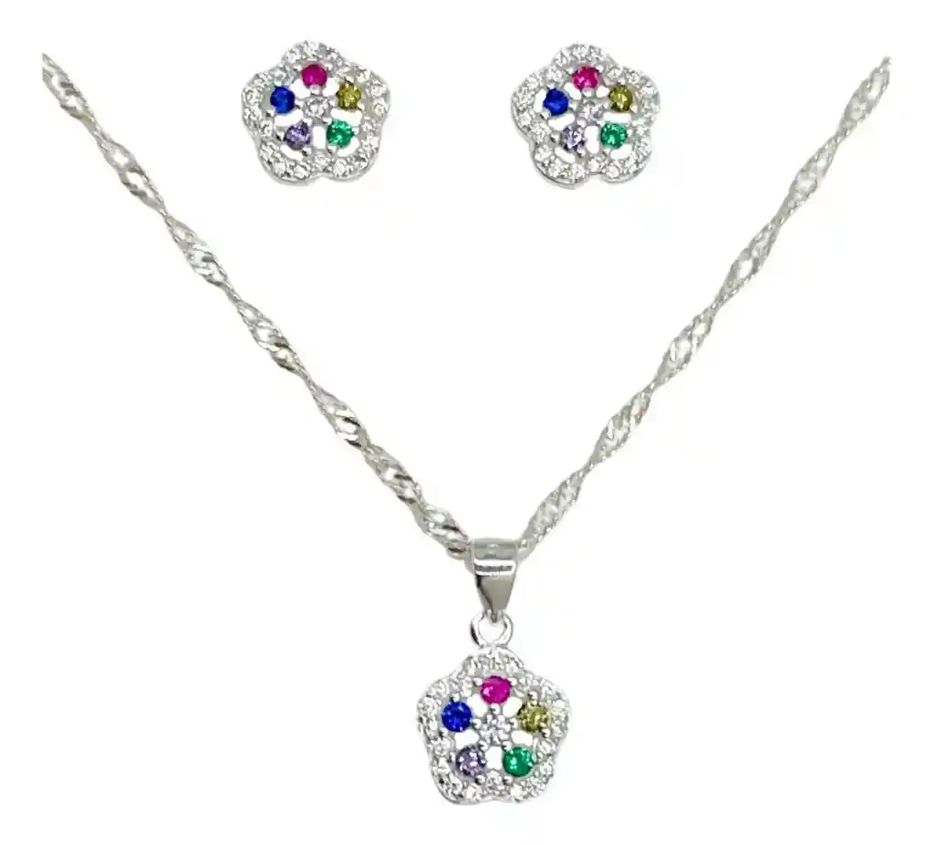 Conjunto Collar Dije Aros Flor Juvenil Plata Fina 925 +caja