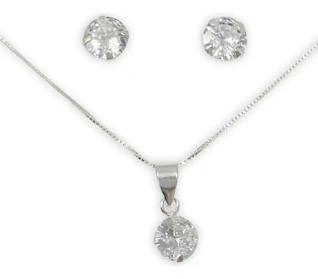 Conjunto Punto De Luz Aros Collar Circon Plata 925 + Caja