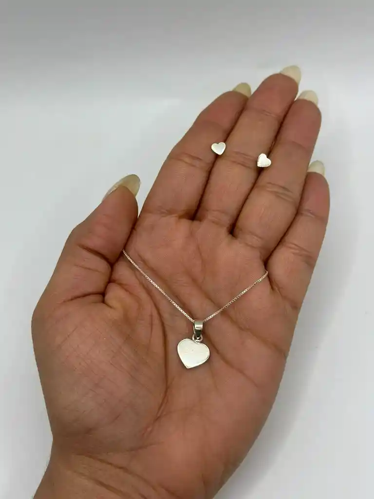 Conjunto Collar Aros Corazon Plata 925 Mas Caja De Regalo