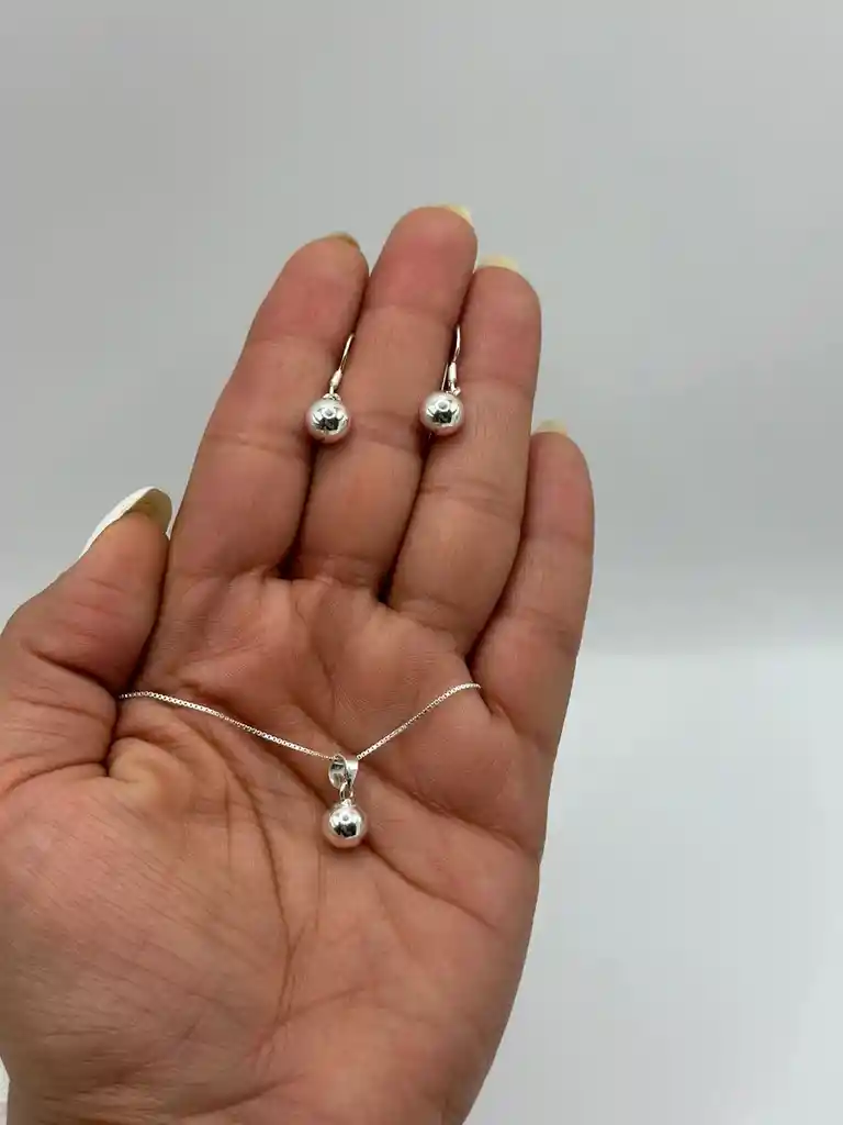 Conjunto Collar Aros Bolita Pelotita Esfera 8 Mm Plata 925