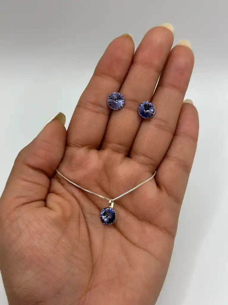 Conjunto Collar Aros Punto Luz Cristal Morado Plata Ley 925