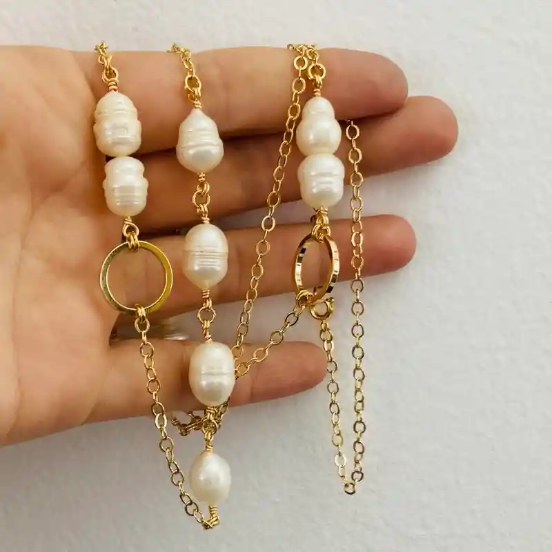 Collar Cadena Y Argollas Con Perlas Naturales