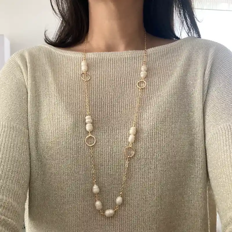 Collar Cadena Y Argollas Con Perlas Naturales