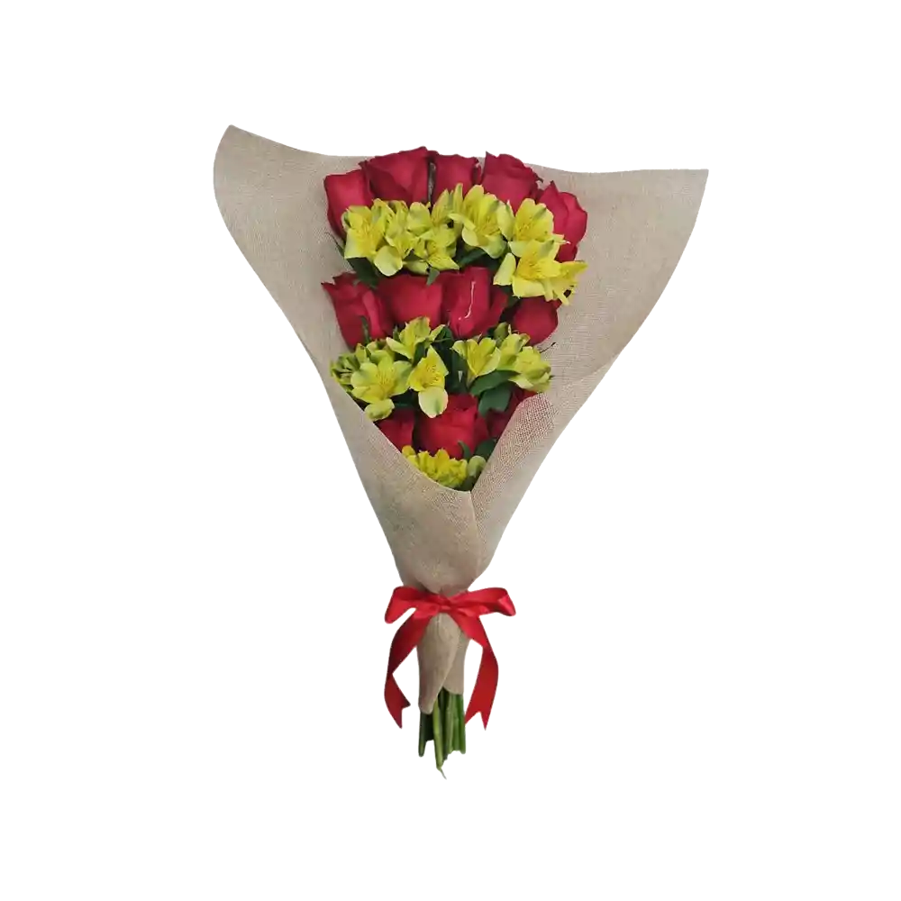 Ramo Extendido Con 12 Rosas Rojas Y Astromelias Amarillas En Arpillera