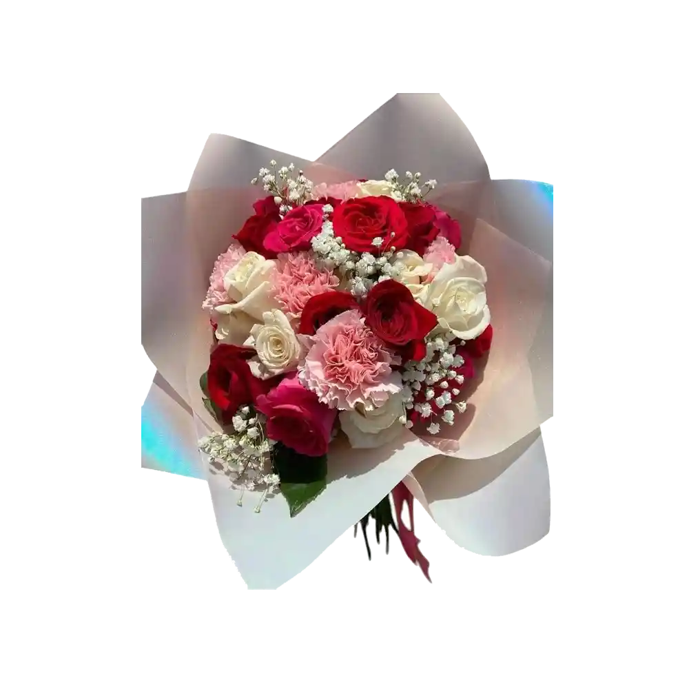 Ramo Con 12 Rosas Rojo Blanco Rosado Fucsia Y Mini Claveles