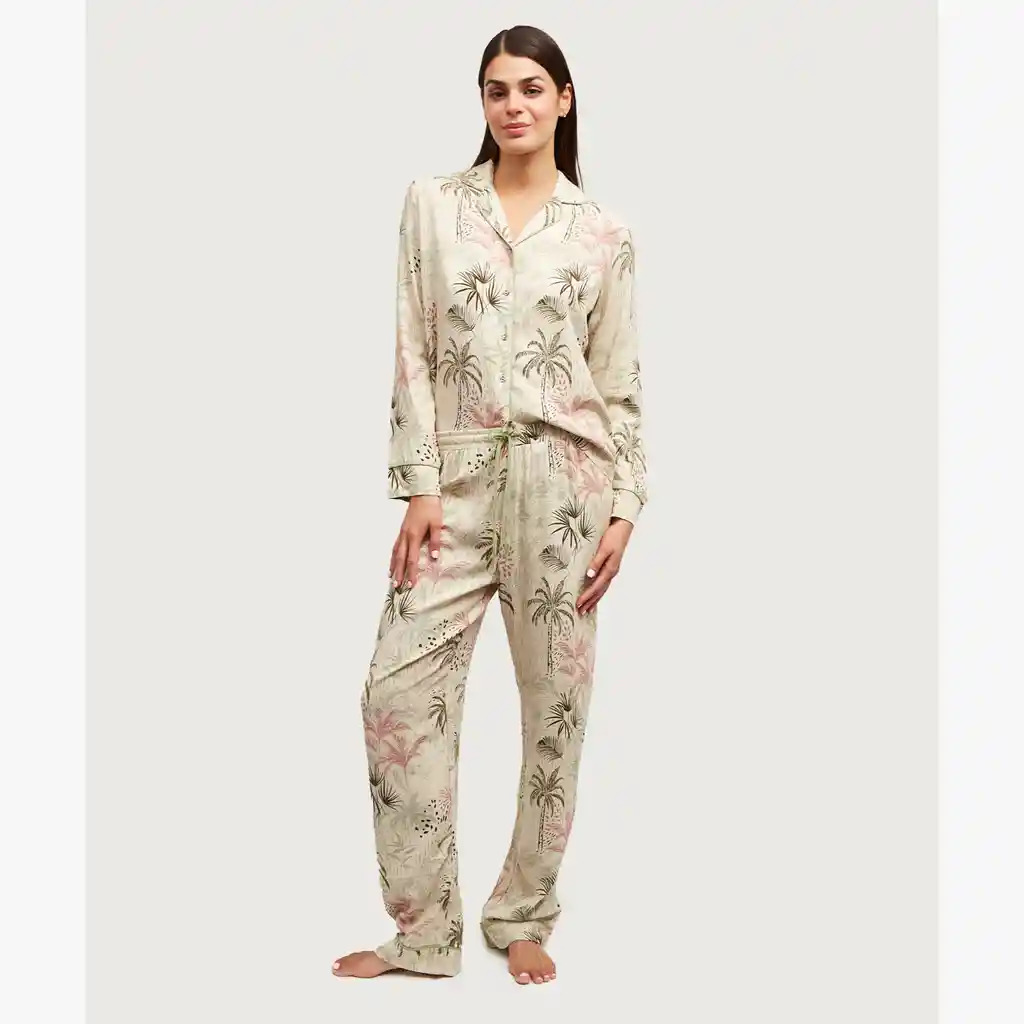 Pijama Mujer Largo Tropical S Beige