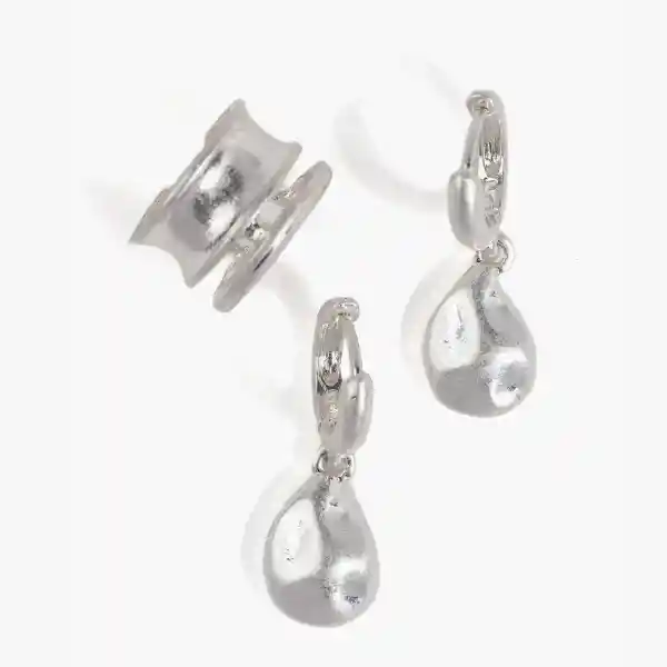 Set Aros Mujer Argollas Con Colgante Y Cuff Plateado