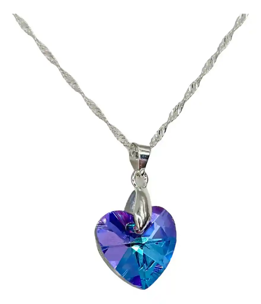 Collar Corazon Cristal Lila Violeta Tornasol Plata 925 Caja