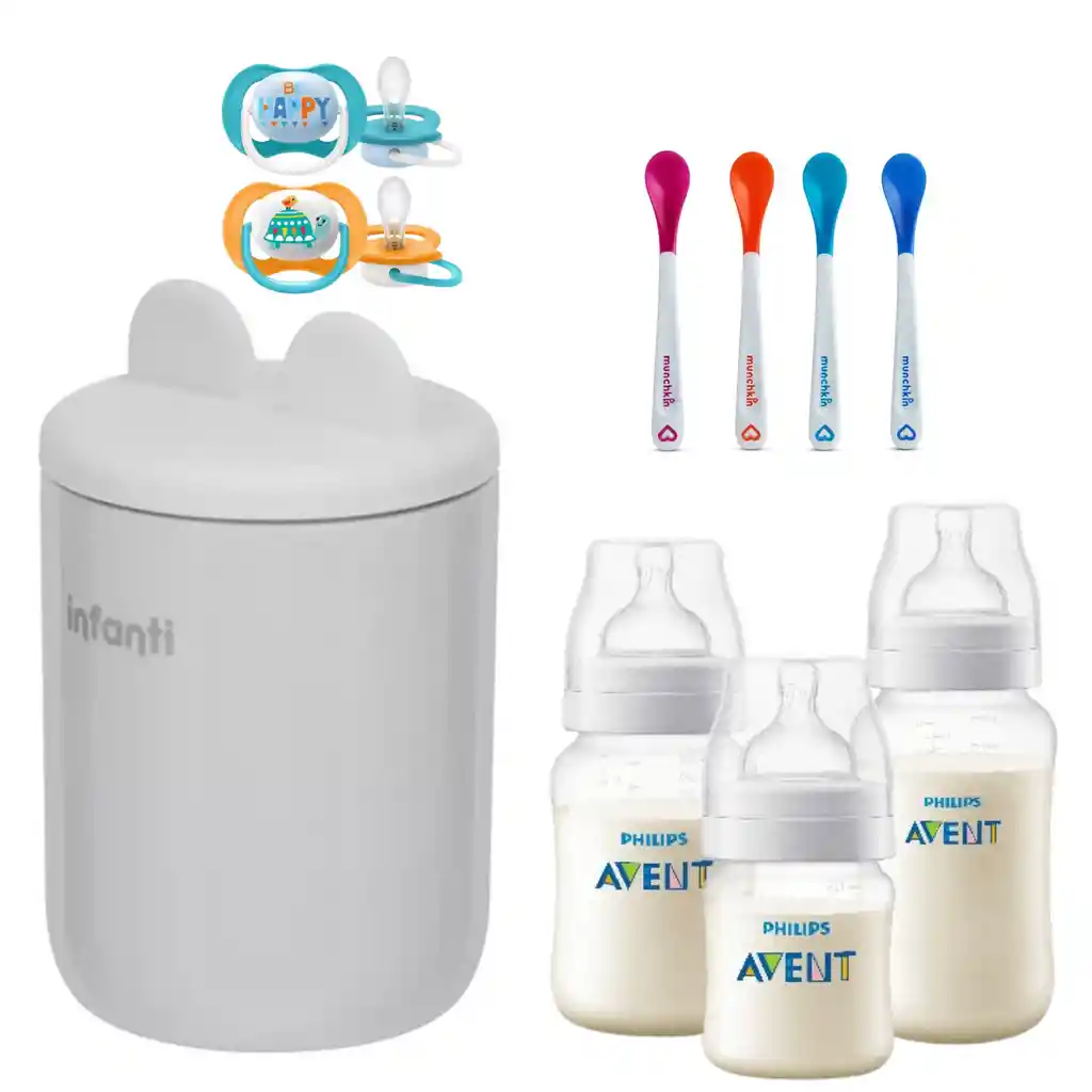 Set Bebé Calentador Mamaderas Avent Chupetes Y Cucharas