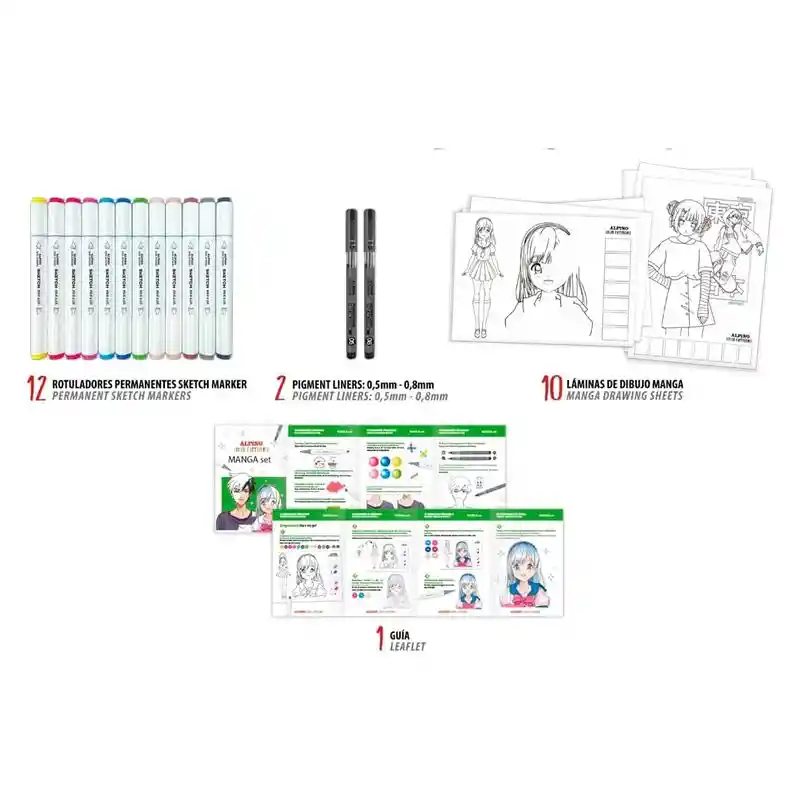 Iniciación Manga Alpino Con 12 Rotuladores Sketch, 2 Fineliners, Láminas Y Guia