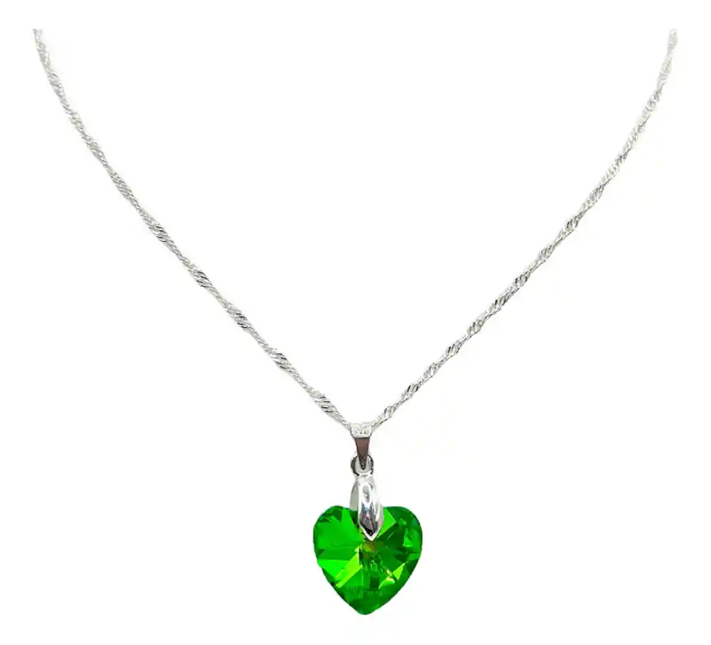 Collar Corazon Cristal Tornasol Verde Plata 925 Mas Caja