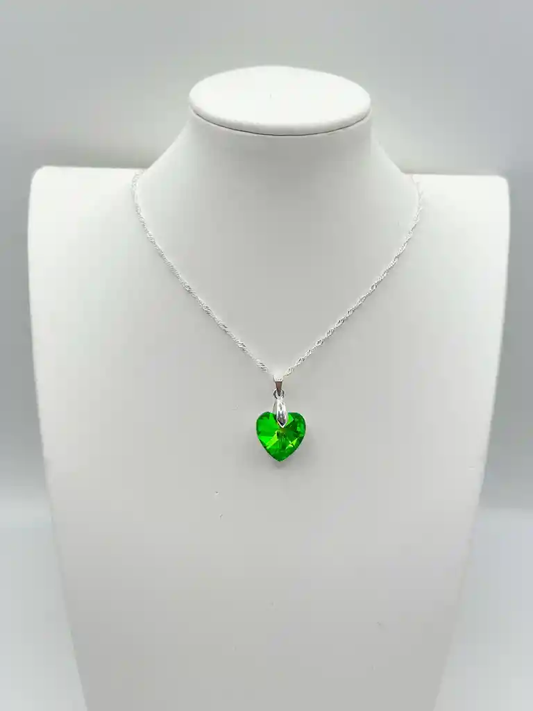 Collar Corazon Cristal Tornasol Verde Plata 925 Mas Caja