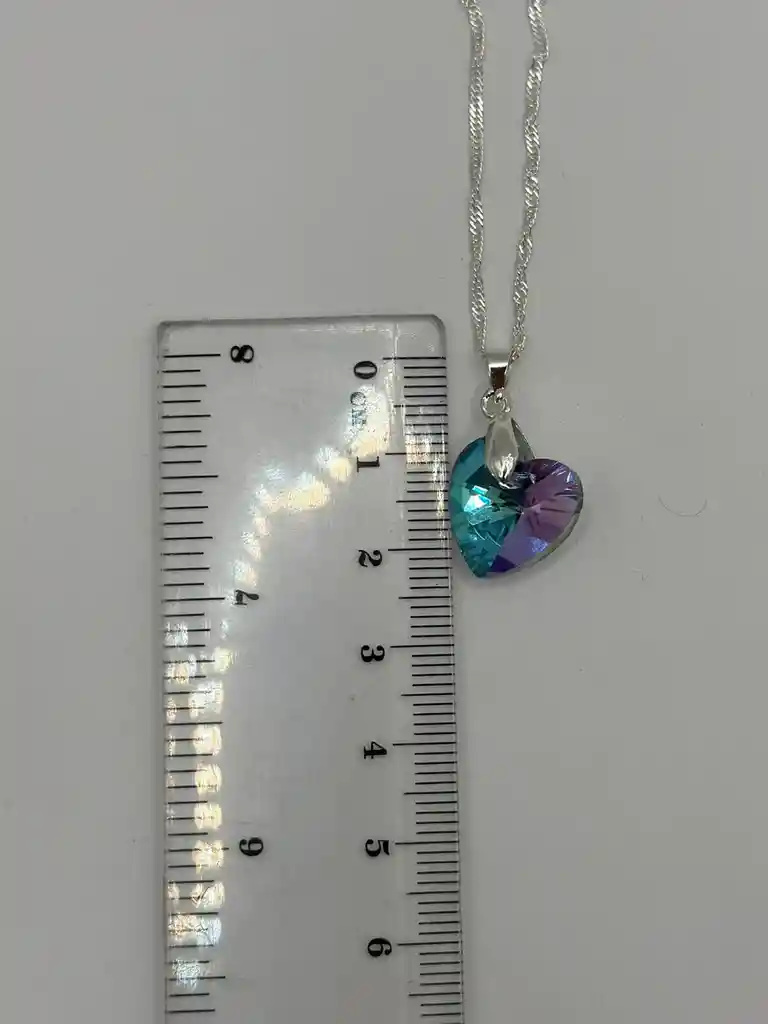 Collar Corazon Cristal Lila Violeta Tornasol Plata 925 Caja