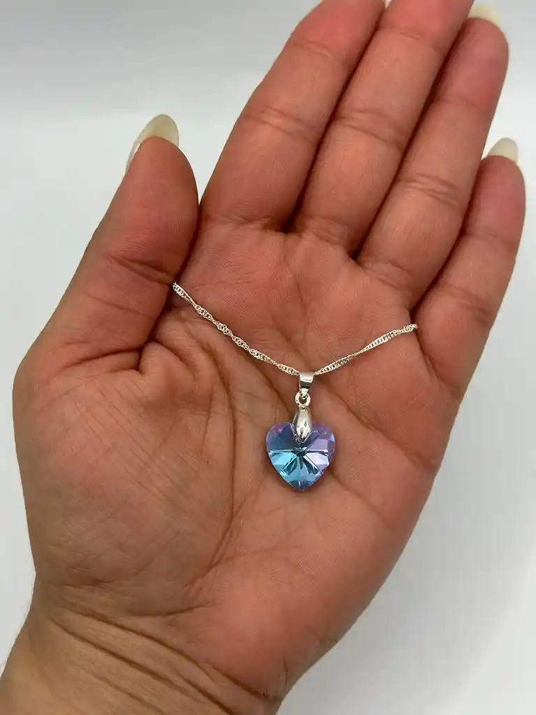 Collar Corazon Cristal Lila Violeta Tornasol Plata 925 Caja