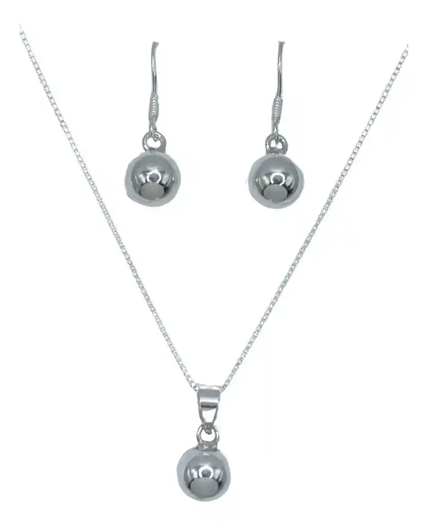 Conjunto Collar Aros Bolita Pelotita Esfera 8 Mm Plata 925