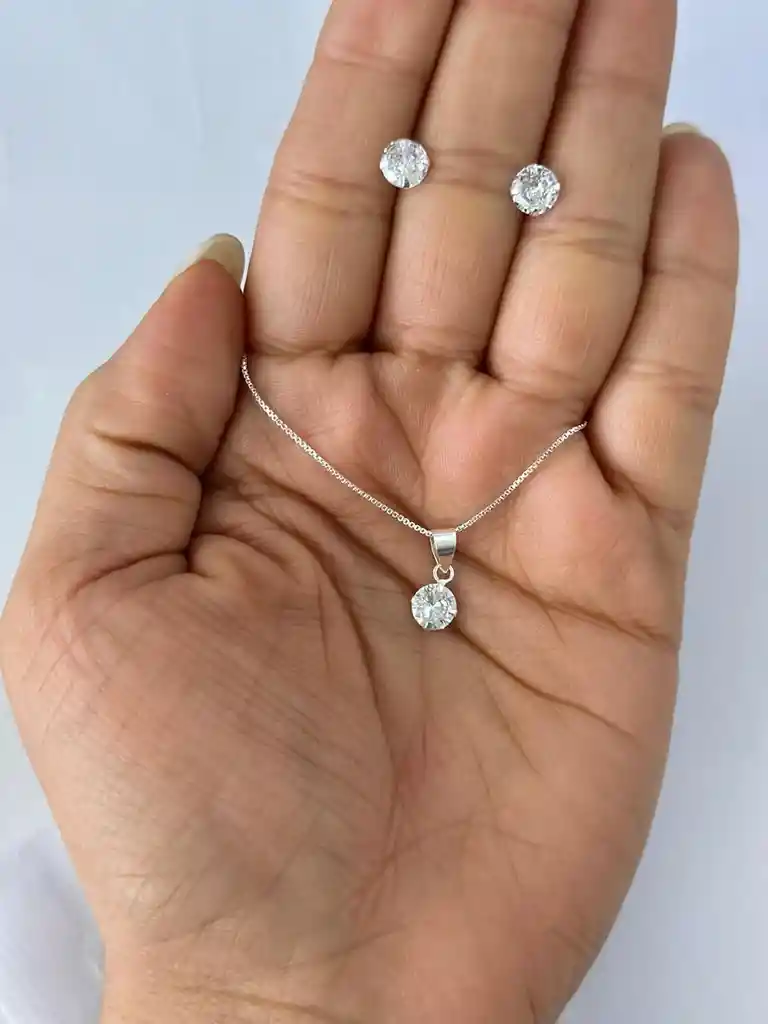 Conjunto Punto De Luz Aros Collar Circon Plata 925 + Caja