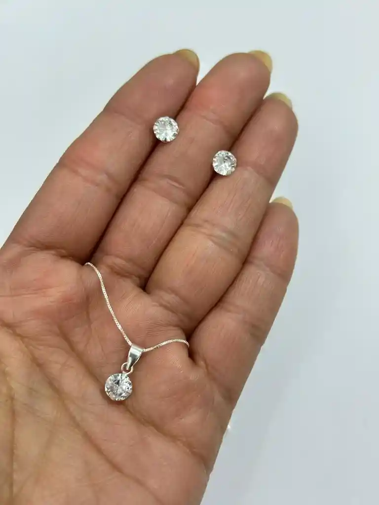 Conjunto Punto De Luz Aros Collar Circon Plata 925 + Caja