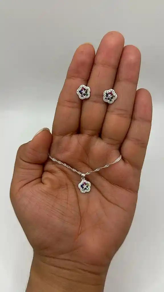 Conjunto Collar Dije Aros Flor Juvenil Plata Fina 925 +caja