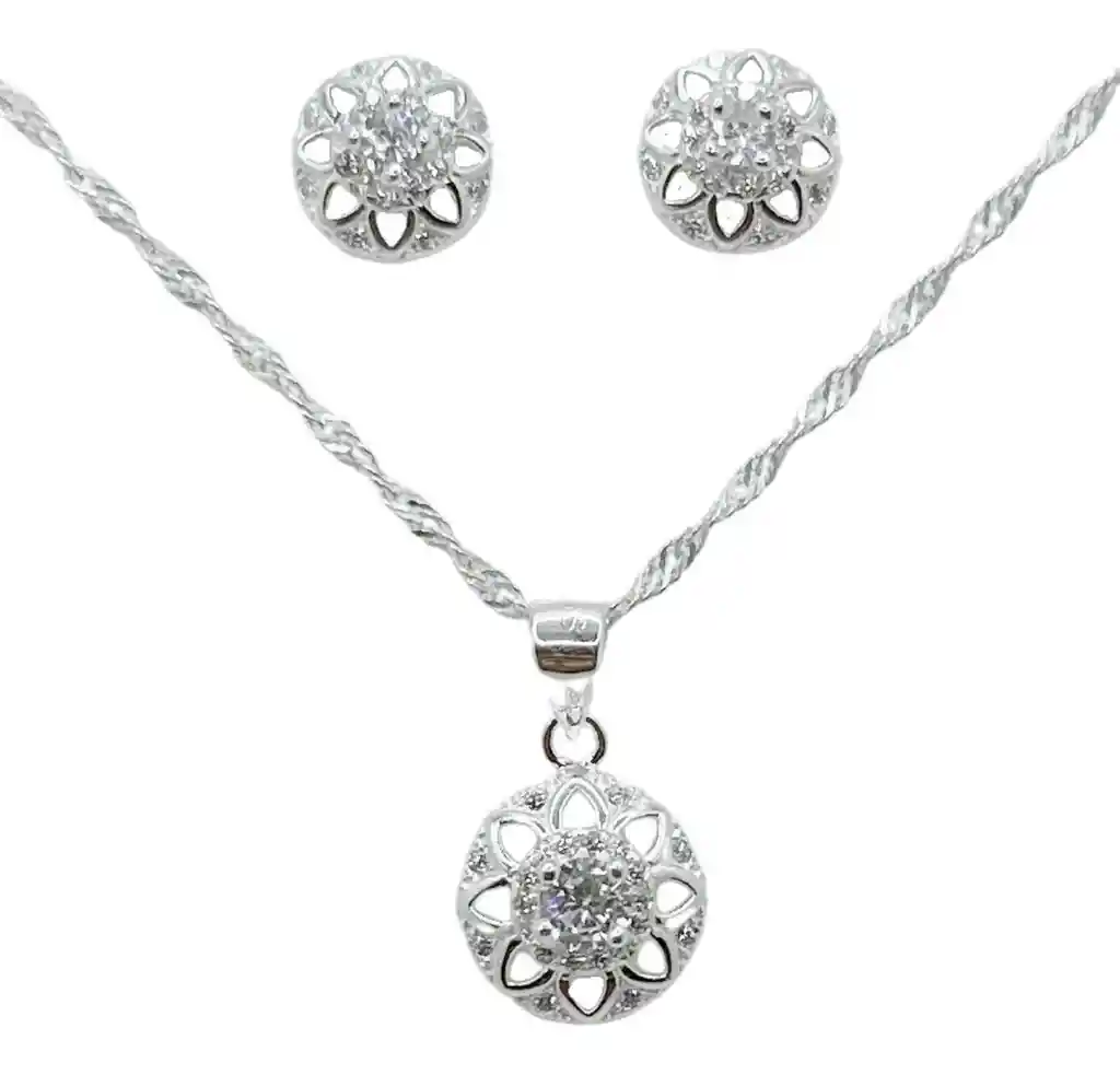 Hermoso Conjunto Dama Collar Cadena Aros Circones Plata 925
