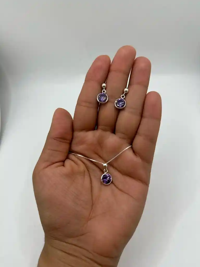 Conjunto Aros Colgantes Collar Punto Luz Morado Plata 925