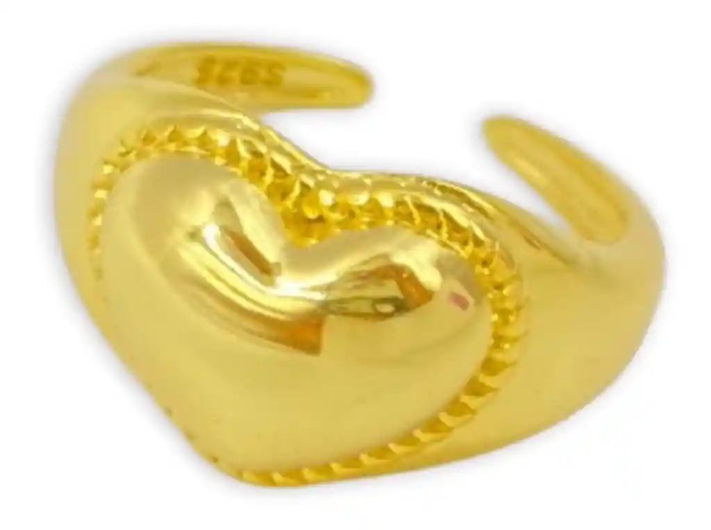 Anillo Corazón Inflado Sello Ajustable Plata S925 Baño Oro