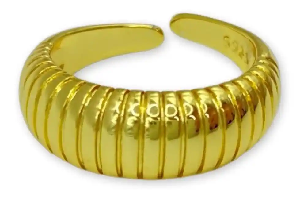 Anillo Grueso Inflado Bombé Líneas Plata S925 Baño Oro Caja