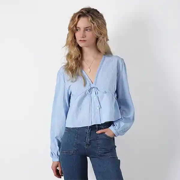 Blusa Bordado Langostas Azul S Mujer Raindoor