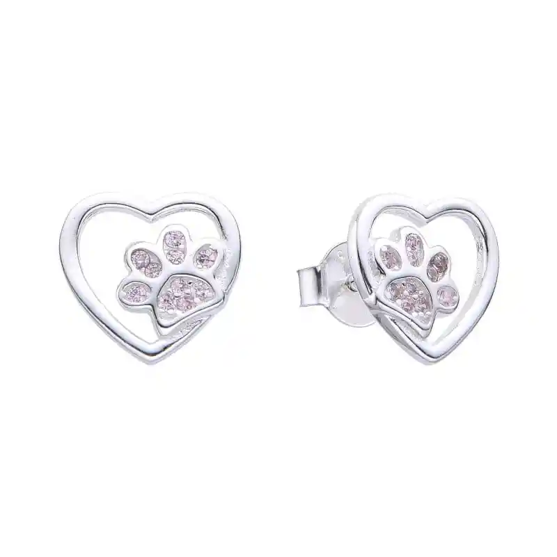 Aros Corazón Huella Circón Rosado Plata Fina 925