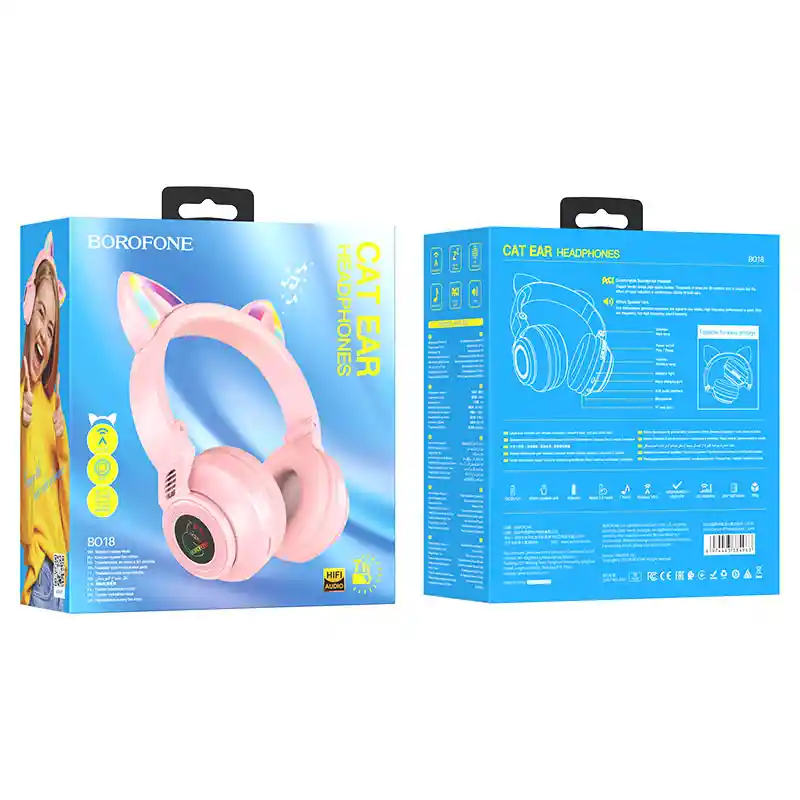 Audifonos Inalambricos Bluetooth Orejas Gato Borofone Bo18 7hrs Rosado