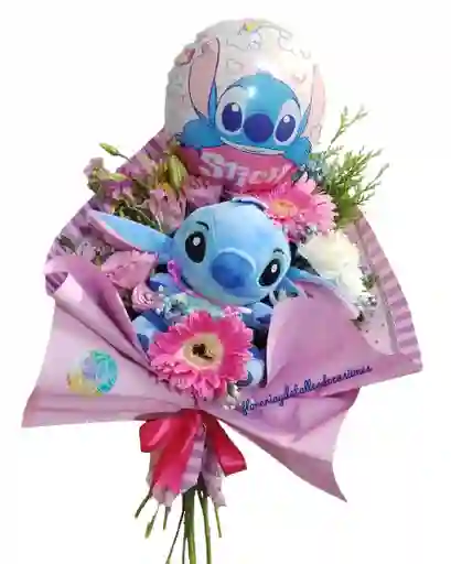Arreglo Floral Natural Con Stitch Y Globo