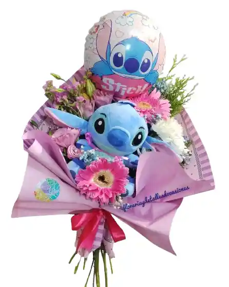 Arreglo Floral Natural Con Stitch Y Globo