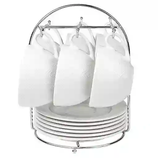 Set 6 Tazas Y Platos Porcelana 250cc Con Rack