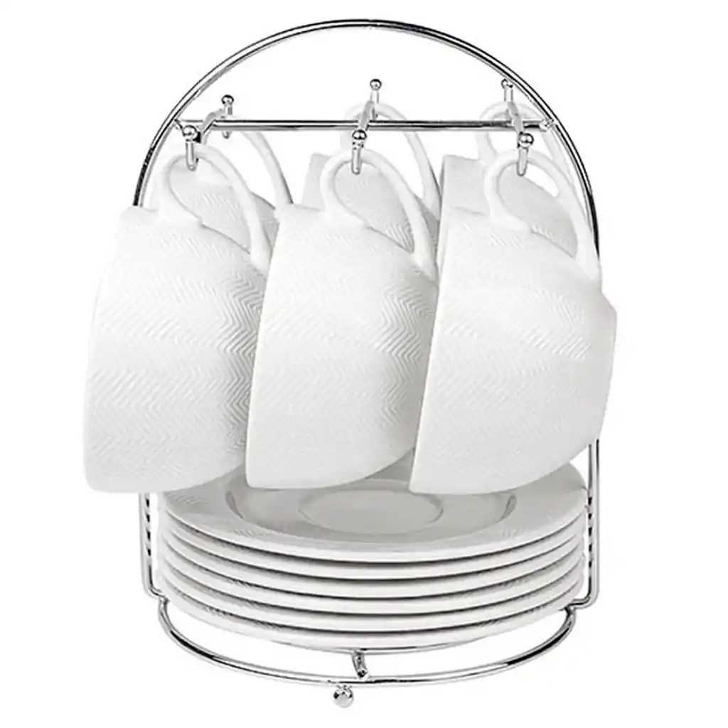 Set 6 Tazas Y Platos Porcelana 250cc Con Rack