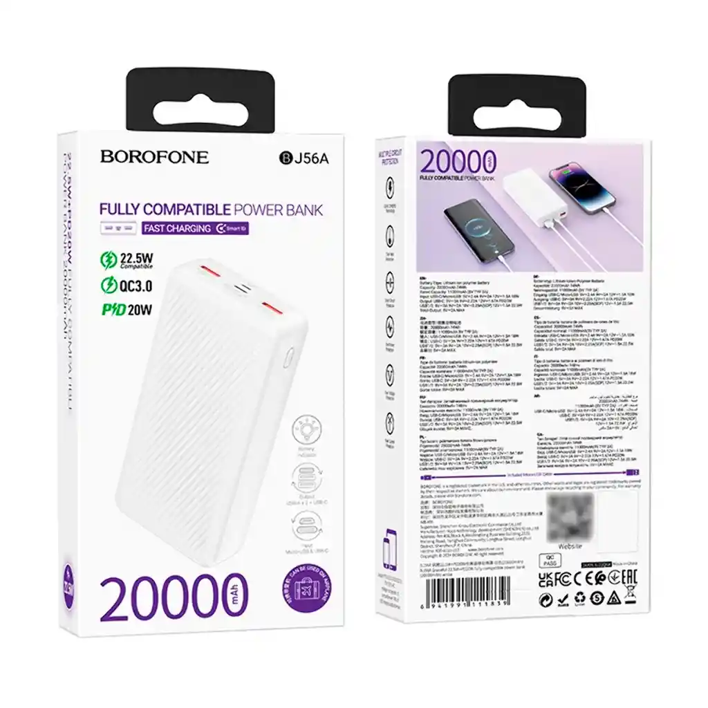 Powerbank Carga Rapida Borofone Bj56a 20000 Mah 22.5w Blanco