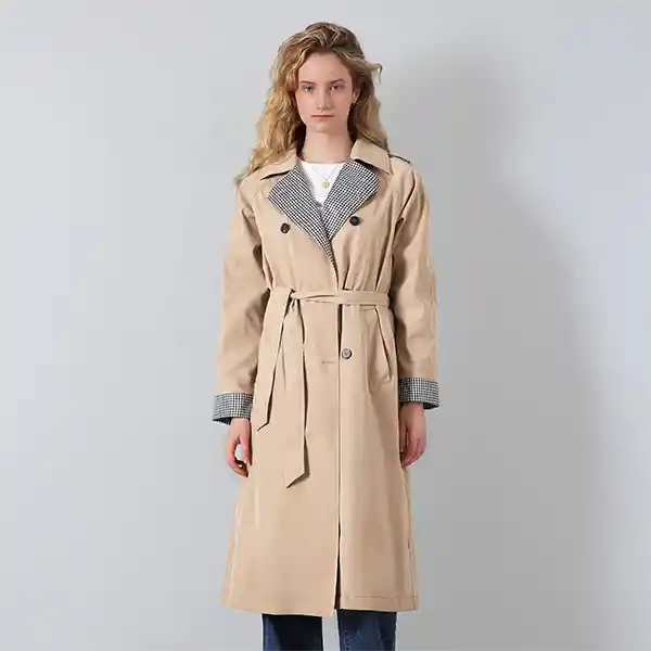 Abrigo Trench Largo Ecru Vichy L Mujer Raindoor