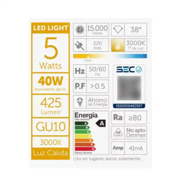 Pack 4 Ampolletas Led Gu10 5w Luz Cálida