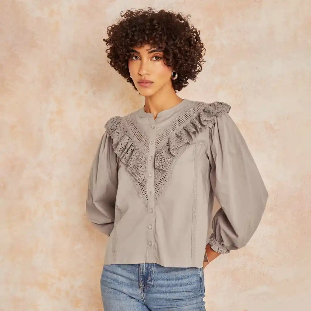 Blusa Mujer Bordado M Taupe