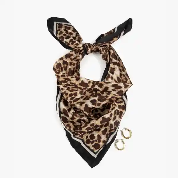 Set Pañuelo Y Aros Mujer Animal Print Satinado Café