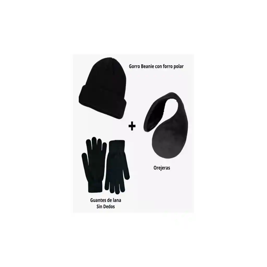 Gorro Beanie + Guantes De Lana Sin Dedos + Orejera Polar