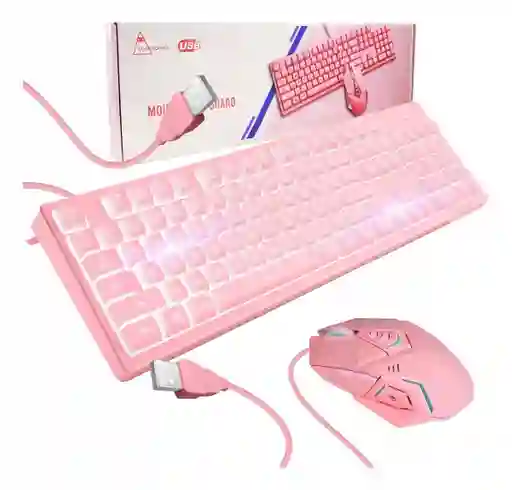 Kit Mouse Y Teclado Gamer Rosa Usb Con Luz Led Para Pc Lap