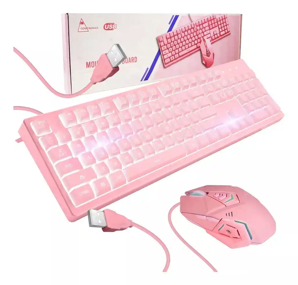 Kit Mouse Y Teclado Gamer Rosa Usb Con Luz Led Para Pc Lap