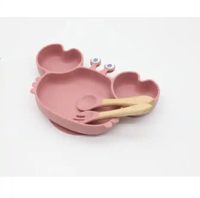 Plato Para Bebé Silicona Diseño Cangrejo Con Set Cubiertos