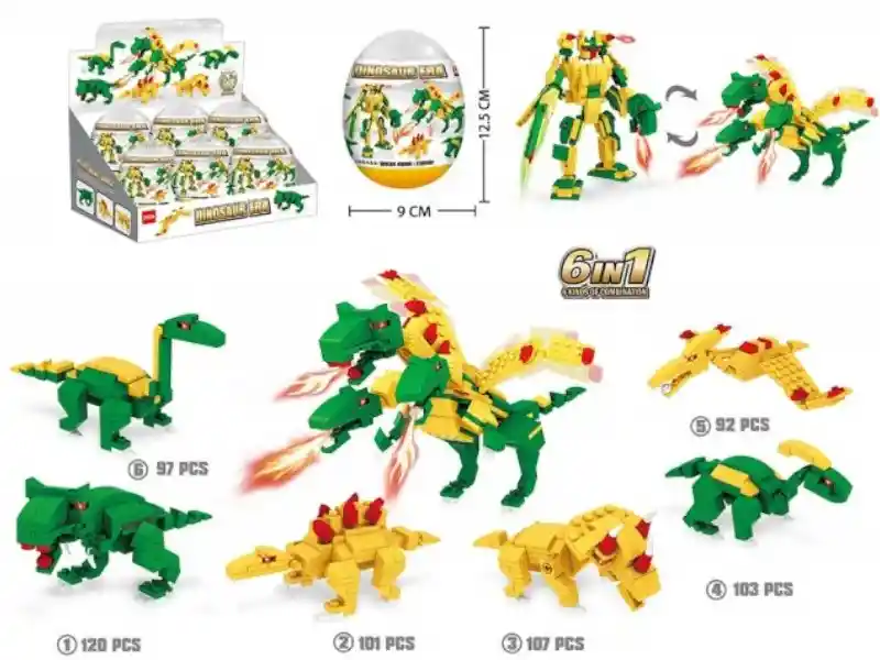 Sorpresas-6 Huevos C/ 1 Dinosaurio (block) Armable