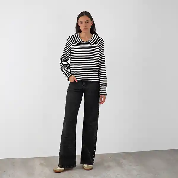 Sweater Polo Rayas Negro Blanco Xxs Mujer Raindoor