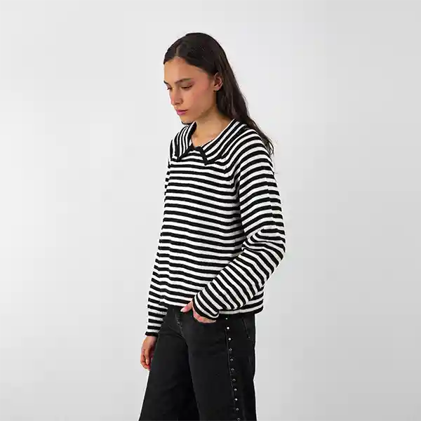 Sweater Polo Rayas Negro Blanco S Mujer Raindoor