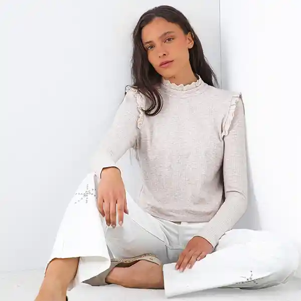 Polera Manga Larga Vuelos Broderie Beige Xs Mujer Raindoor