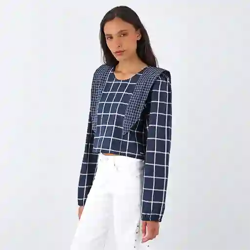 Blusa Cuadros Vuelos Azul M Mujer Raindoor