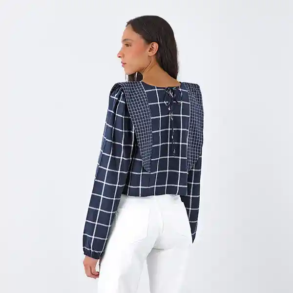 Blusa Cuadros Vuelos Azul M Mujer Raindoor