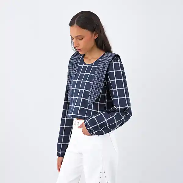 Blusa Cuadros Vuelos Azul M Mujer Raindoor