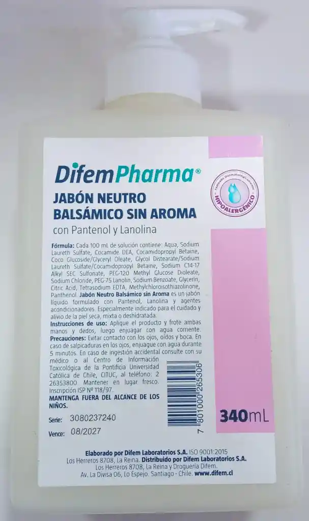 Jabon Neutro Balsamico Sin Aroma X 340 Ml